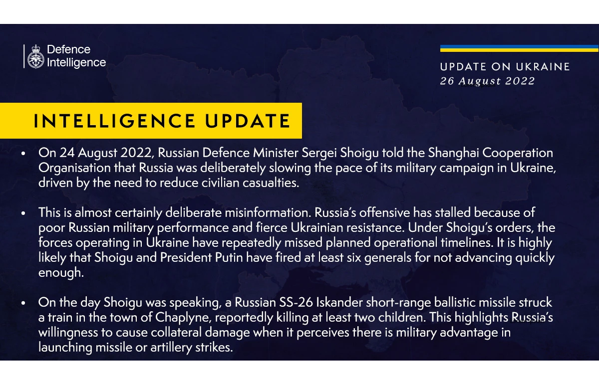 British Defence Intelligence Update Ukraine – 26 August 2022