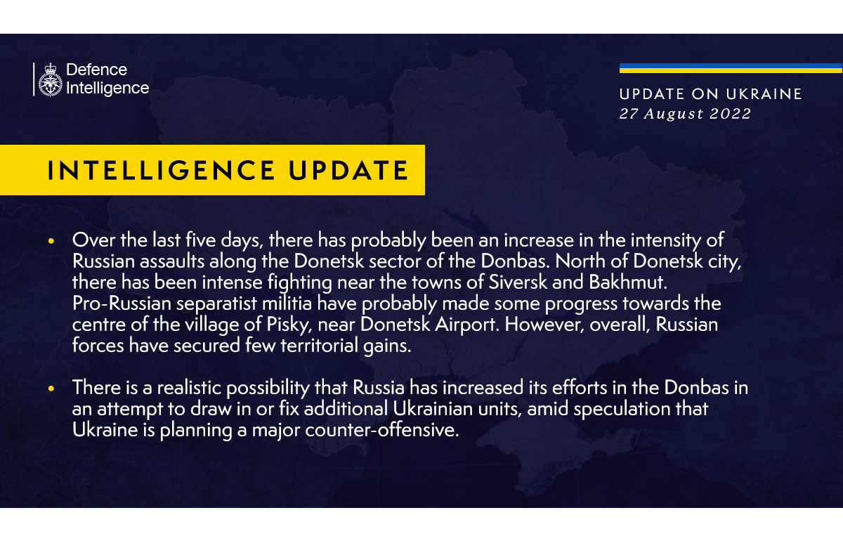 British Defence Intelligence Update Ukraine – 27 August 2022