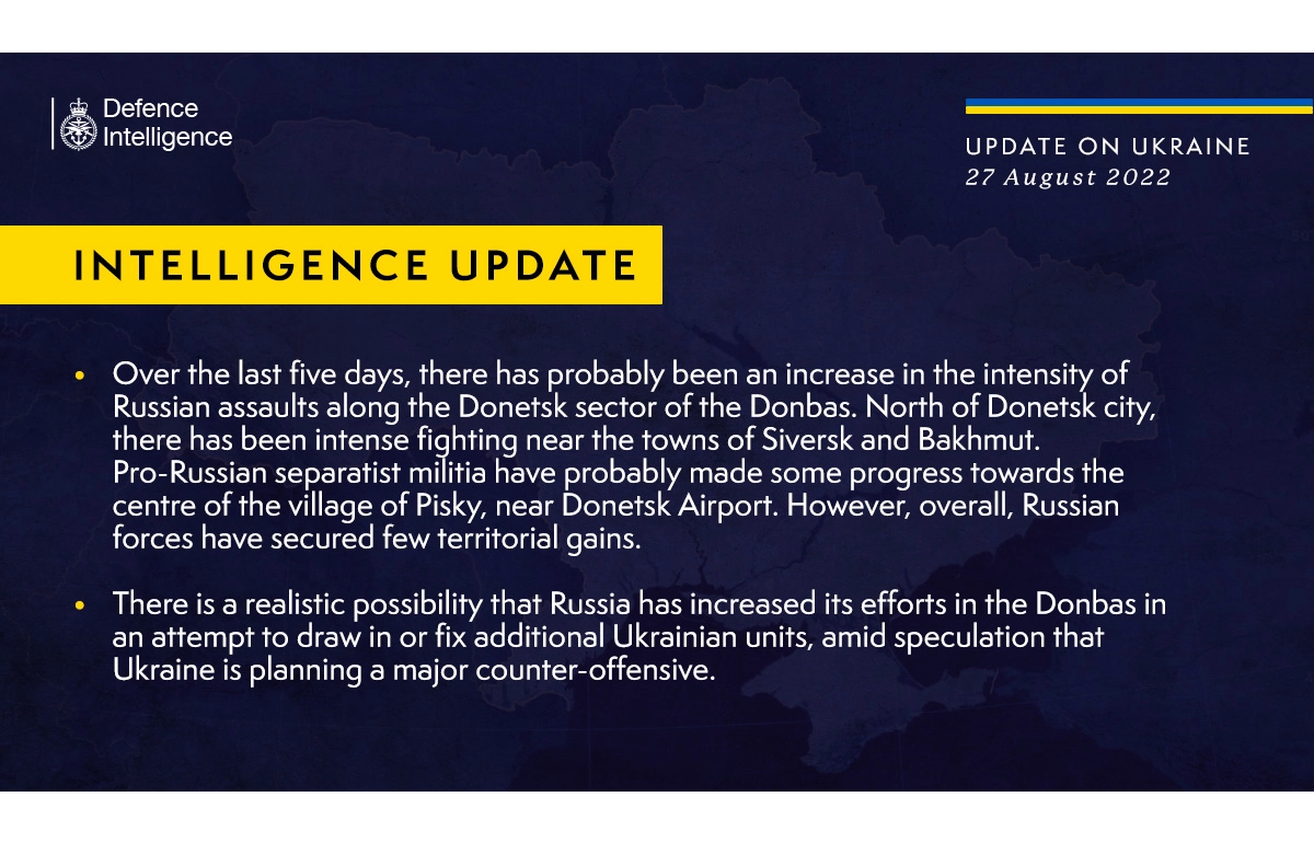 British Defence Intelligence Update Ukraine – 27 August 2022