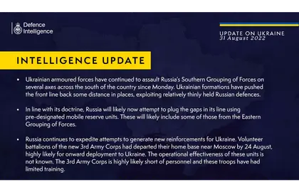 British Defence Intelligence Update Ukraine – 31 August 2022