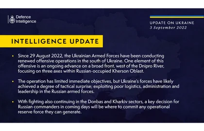 British Defence Intelligence Update Ukraine – 3 September 2022