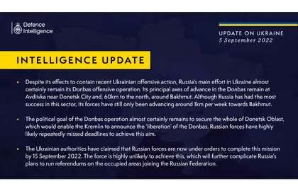 British Defence Intelligence Update Ukraine – 5 September 2022