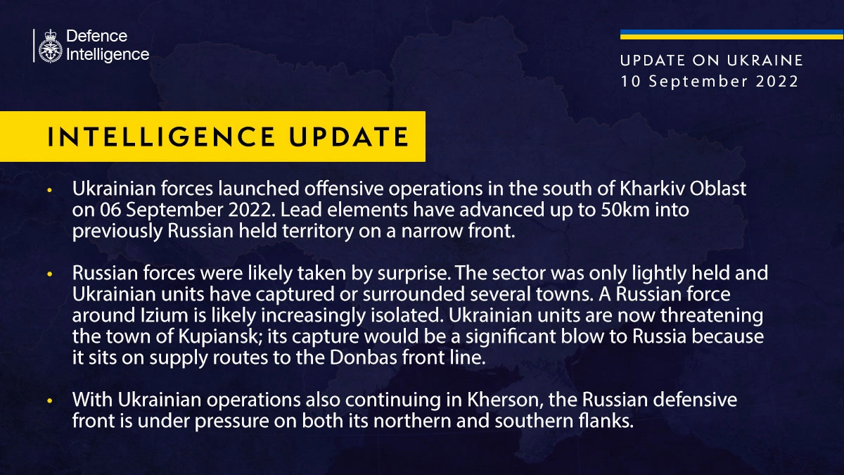 British Defence Intelligence Update Ukraine – 10 September 2022