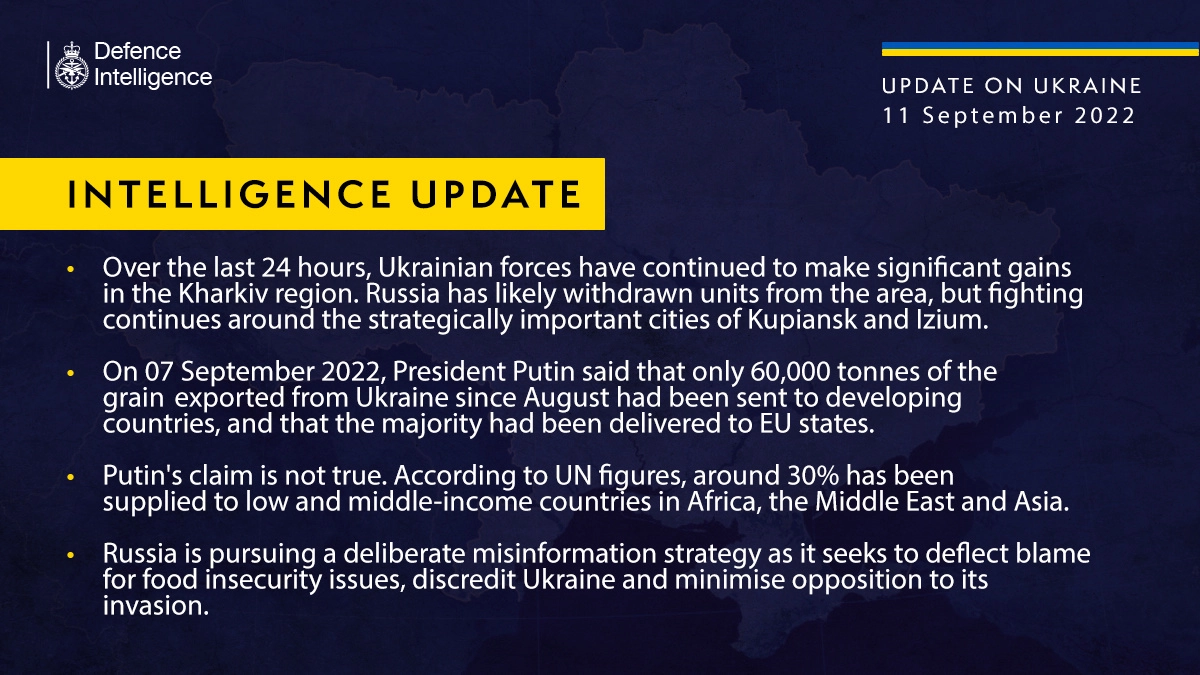 British Defence Intelligence Update Ukraine – 11 September 2022