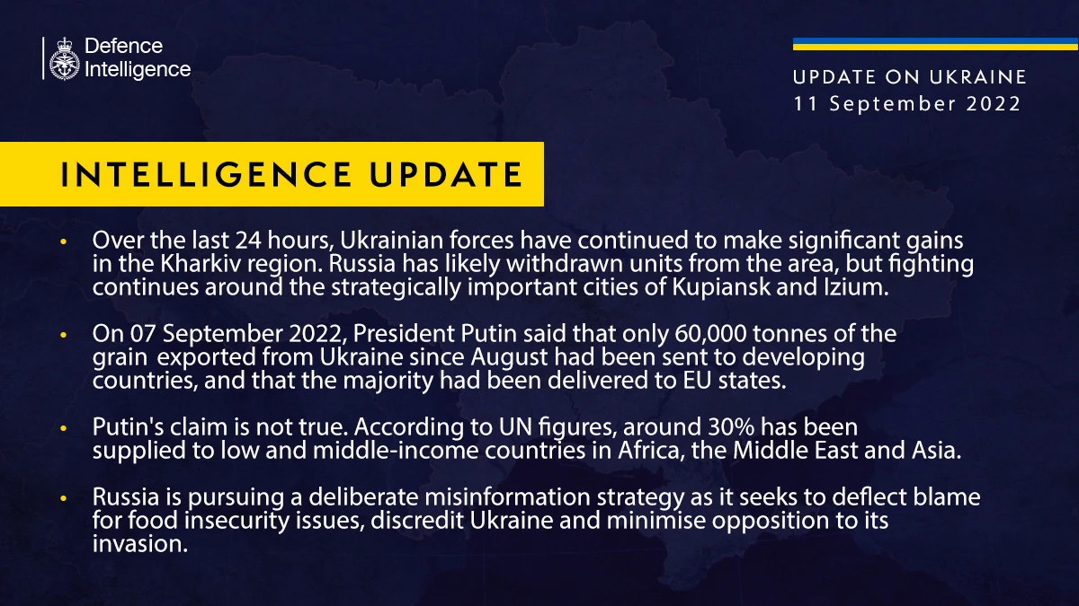 British Defence Intelligence Update Ukraine – 11 September 2022