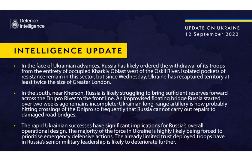 British Defence Intelligence Update Ukraine – 12 September 2022