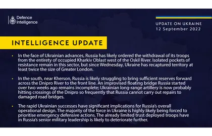 British Defence Intelligence Update Ukraine – 12 September 2022
