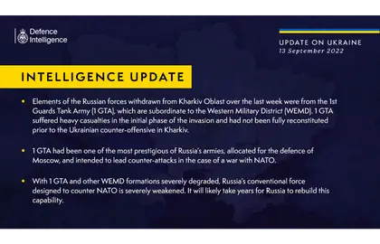 British Defence Intelligence Update Ukraine – 13 September 2022