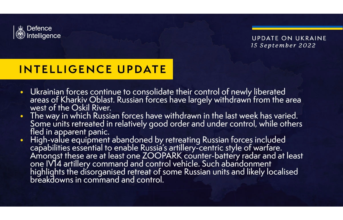 British Defence Intelligence Update Ukraine – 15 September 2022