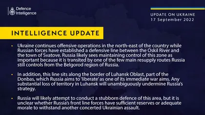 British Defence Intelligence Update Ukraine – 17 September 2022
