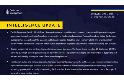 British Defence Intelligence Update Ukraine – 21 September 2022