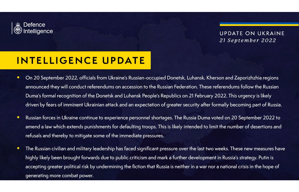 British Defence Intelligence Update Ukraine – 21 September 2022