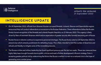 British Defence Intelligence Update Ukraine – 21 September 2022