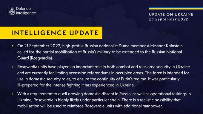 British Defence Intelligence Update Ukraine – 25 September 2022