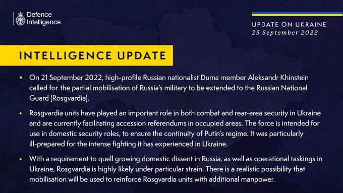 British Defence Intelligence Update Ukraine – 25 September 2022
