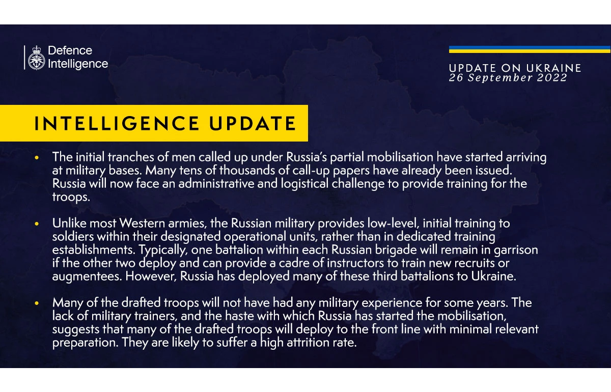 British Defence Intelligence Update Ukraine – 26 September 2022