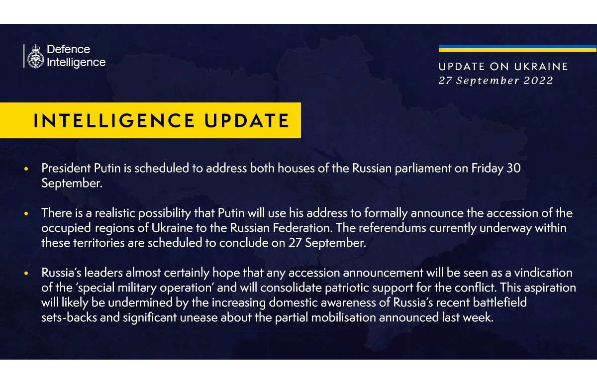 British Defence Intelligence Update Ukraine – 27 September 2022