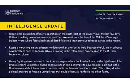 British Defence Intelligence Update Ukraine – 28 September 2022