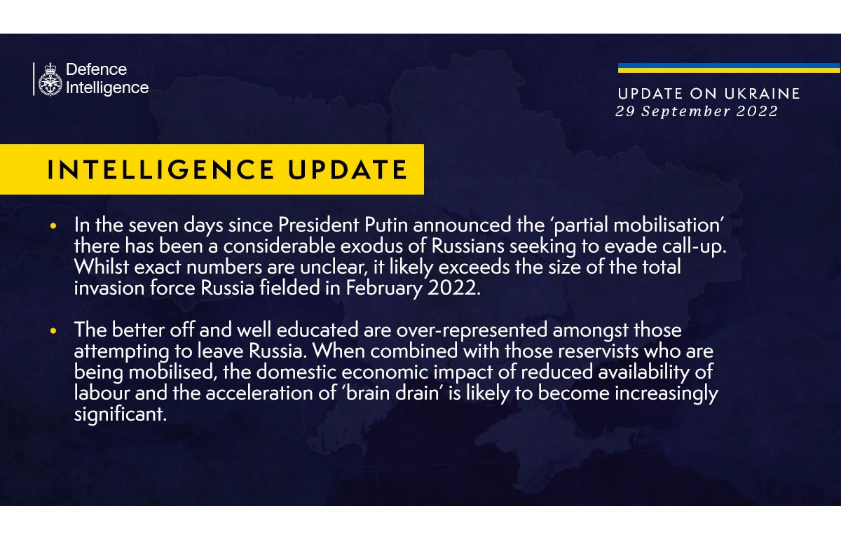British Defence Intelligence Update Ukraine – 29 September 2022