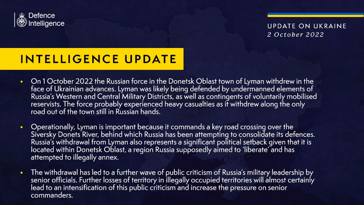 British Defence Intelligence Update Ukraine – 2 October 2022