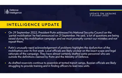 British Defence Intelligence Update Ukraine – 3 October 2022
