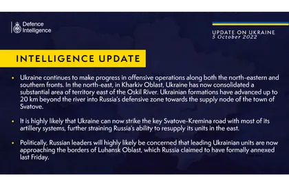 British Defence Intelligence Update Ukraine – 05 October 2022