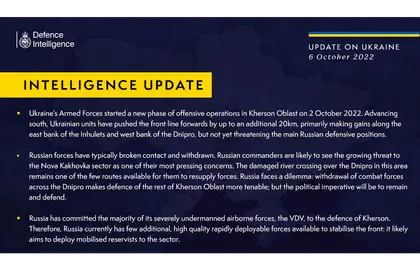 British Defence Intelligence Update Ukraine – 06 October 2022