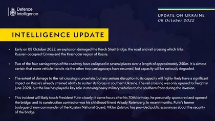 British Defence Intelligence Update Ukraine – 9 October 2022