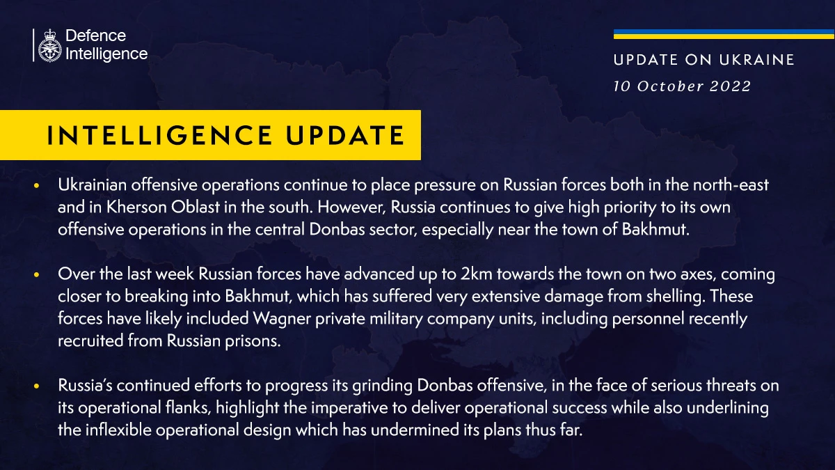 British Defence Intelligence Update Ukraine – 10 October 2022