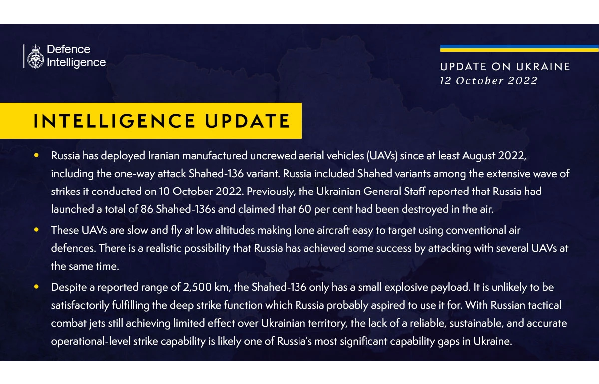British Defence Intelligence Update  Ukraine – 12 October 2022