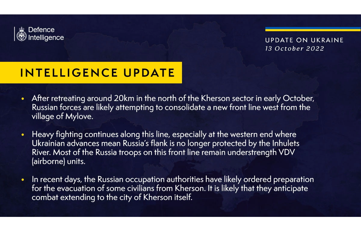 British Defence Intelligence Update Ukraine – 13 October 2022