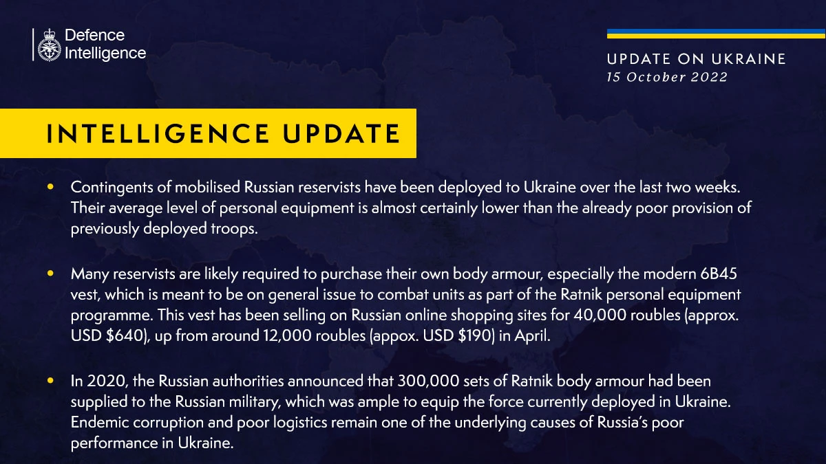British Defence Intelligence Update Ukraine – 15 October 2022