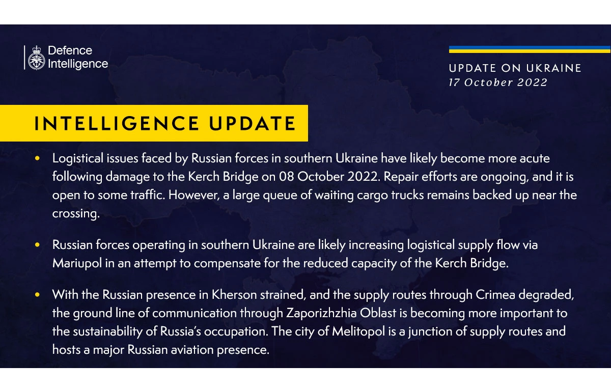 British Defence Intelligence Update Ukraine – 17 October 2022