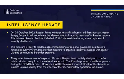 British Defence Intelligence Update Ukraine – 27 October 2022
