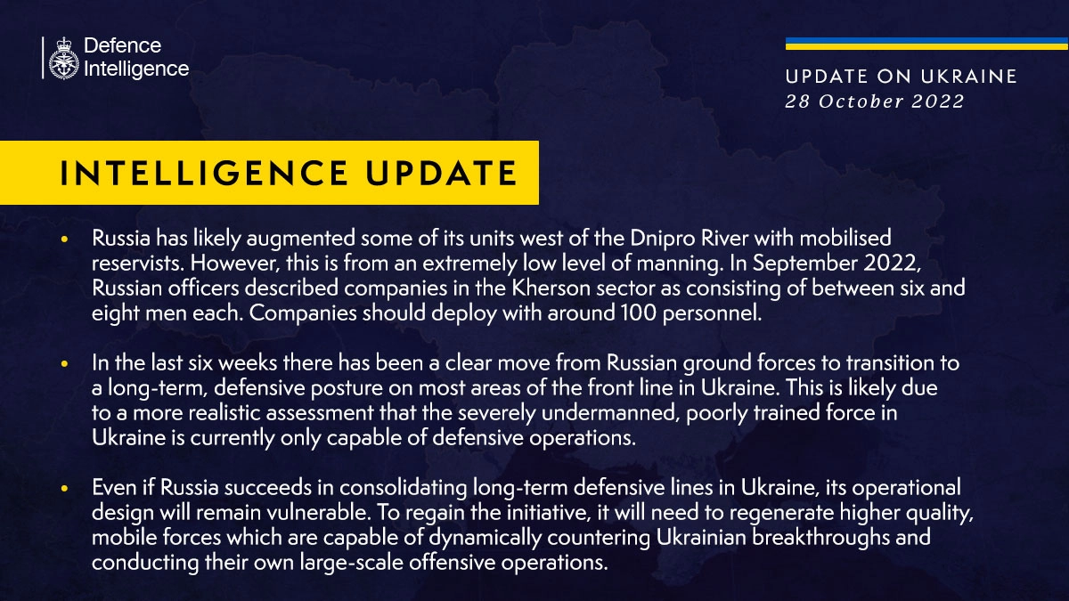 British Defence Intelligence Update Ukraine – 28 October 2022