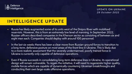 British Defence Intelligence Update Ukraine – 28 October 2022