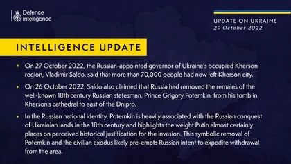 British Defence Intelligence Update Ukraine – 29 October 2022