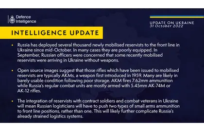 British Defence Intelligence Update Ukraine – 31 October 2022