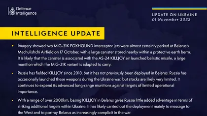 British Defence Intelligence Update Ukraine – 1 November 2022