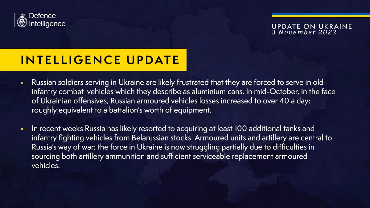 British Defence Intelligence Update Ukraine – 3 November 2022
