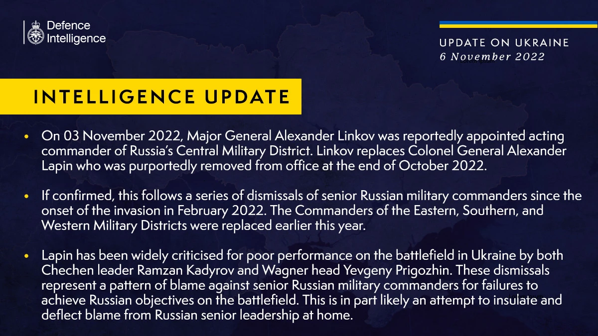 British Defence Intelligence Update Ukraine – 6 November 2022