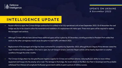 British Defence Intelligence Update Ukraine – 9 November 2022