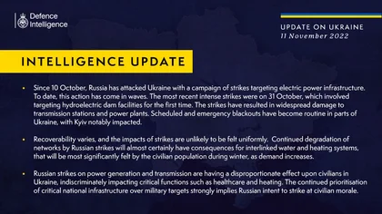 British Defence Intelligence Update Ukraine – 11 November 2022
