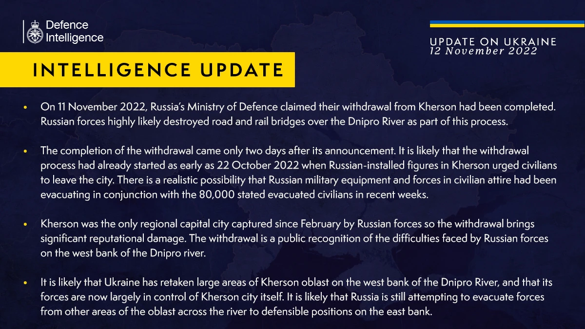 British Defence Intelligence Update Ukraine – 12 November 2022