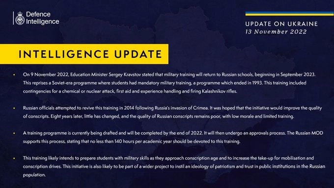 British Defence Intelligence Update Ukraine – 13 November 2022