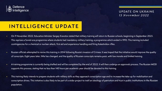 British Defence Intelligence Update Ukraine – 13 November 2022