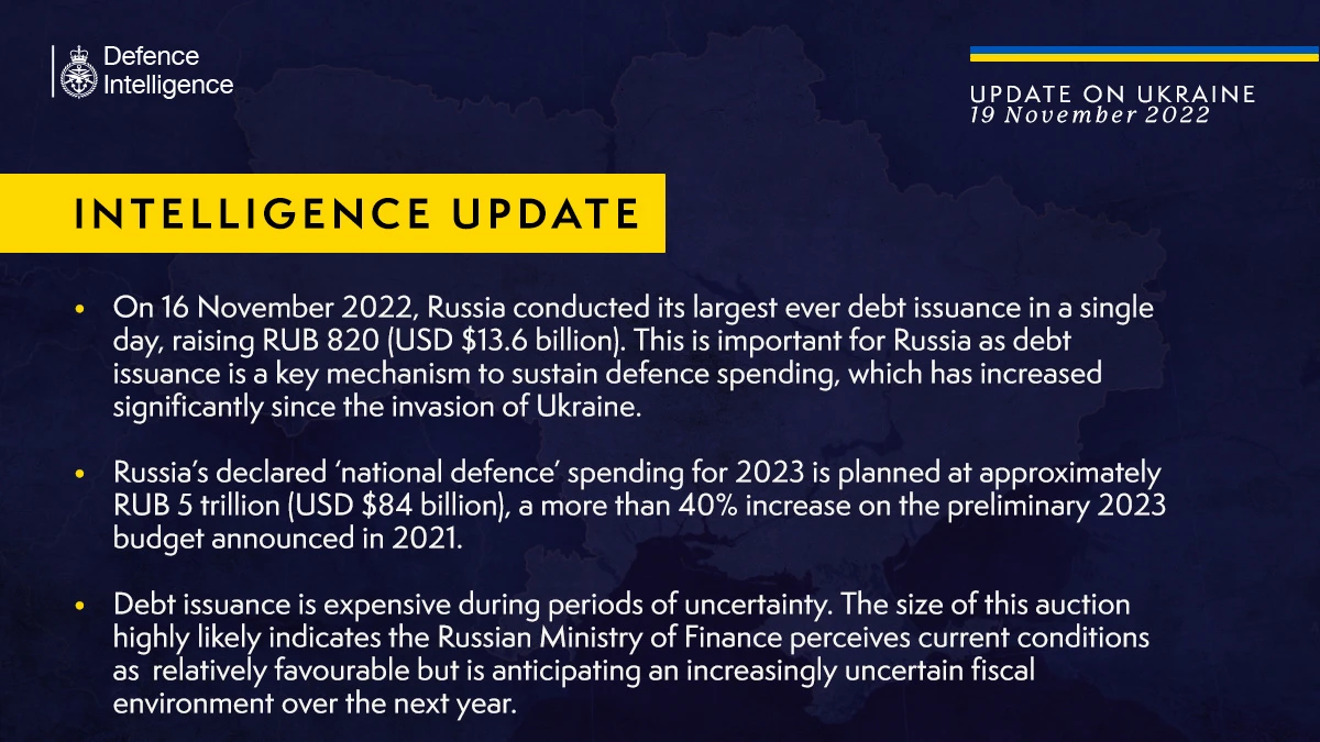 British Defence Intelligence Update Ukraine – 19 November 2022