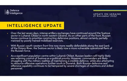 British Defence Intelligence Update Ukraine – 21 November 2022