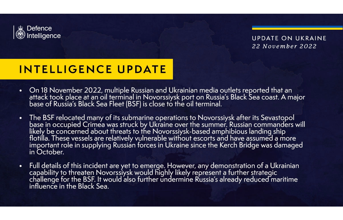 British Defence Intelligence Update Ukraine – 22 November 2022