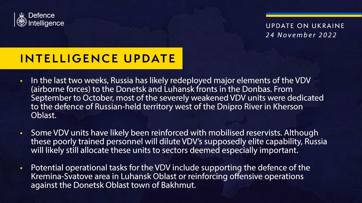 British Defence Intelligence Update Ukraine – 24 November 2022